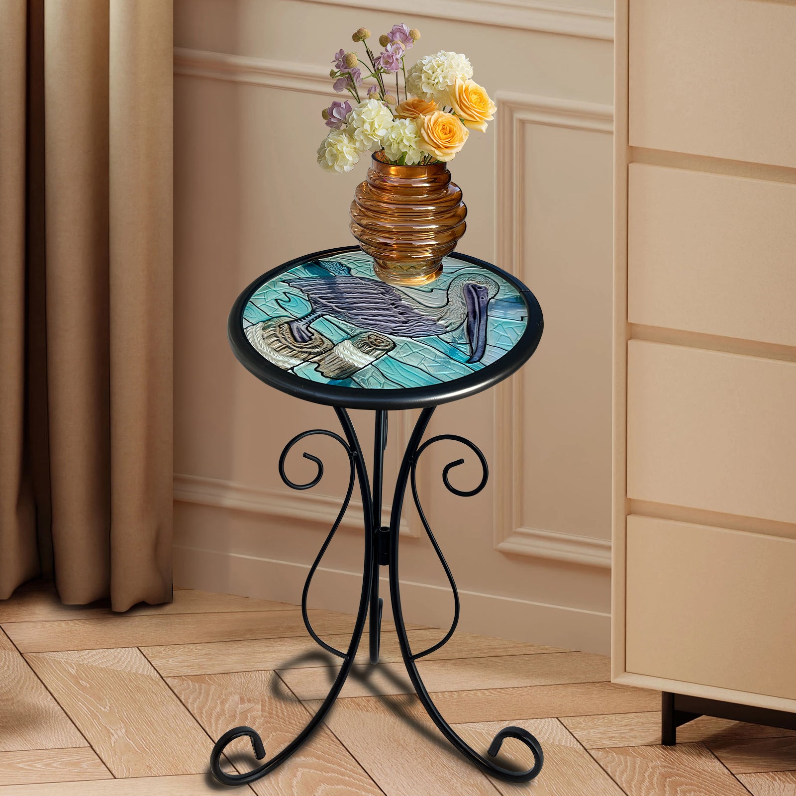 Outdoor Garden Glass Side Table with Pelican Design