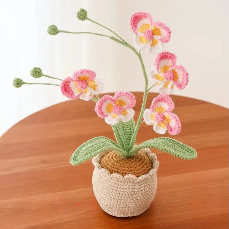 Crochet Butterfly Orchid Flower Pot Handmade Desk Decor