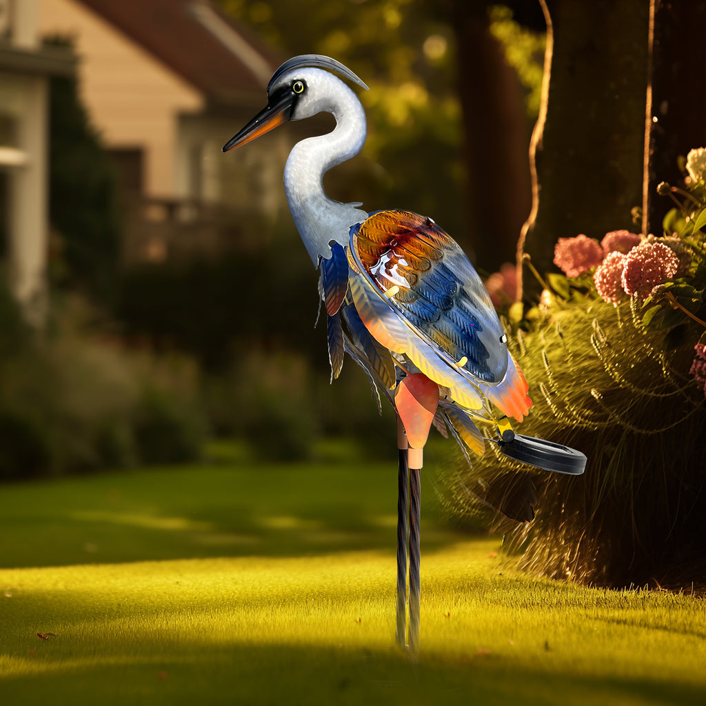 Orange Purple Solar Metal Glass Heron Garden Statue 24in