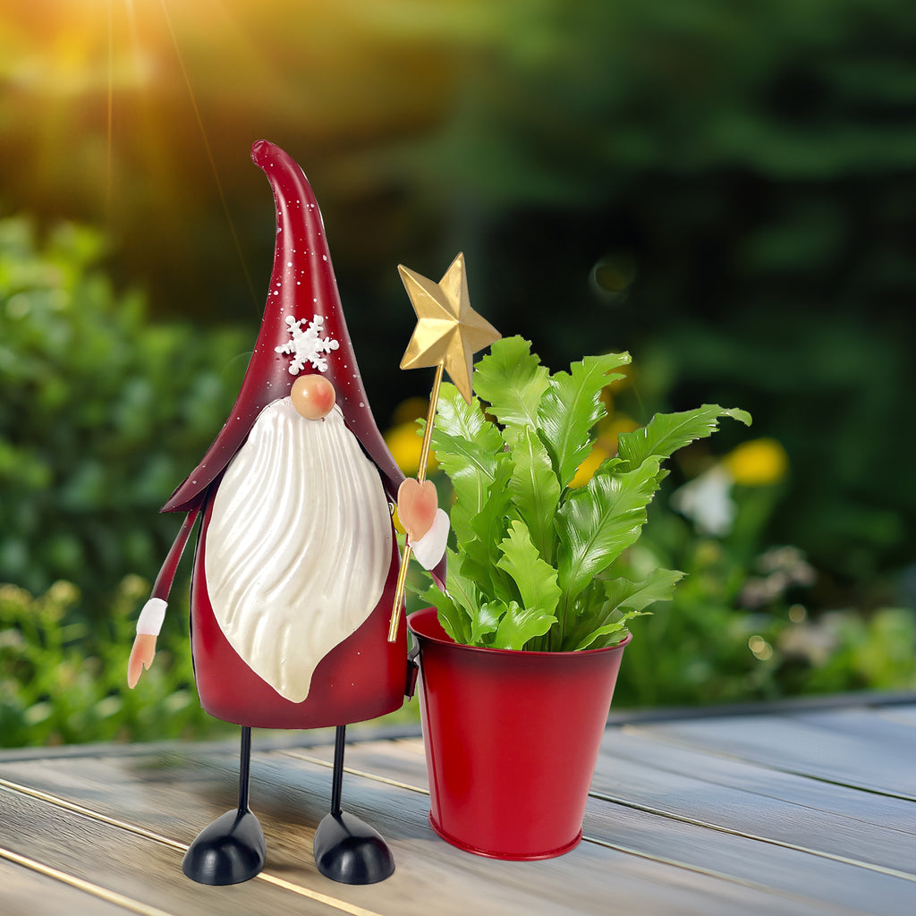 Christmas Gnome Planter Statue with Red Metal Pot 13 inch
