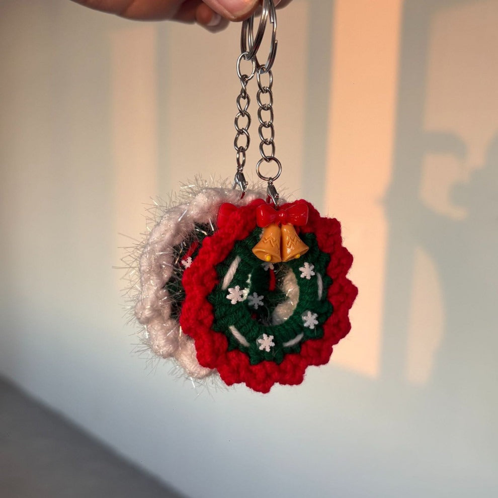 Handmade Knit Christmas Wreath Keychain Decor