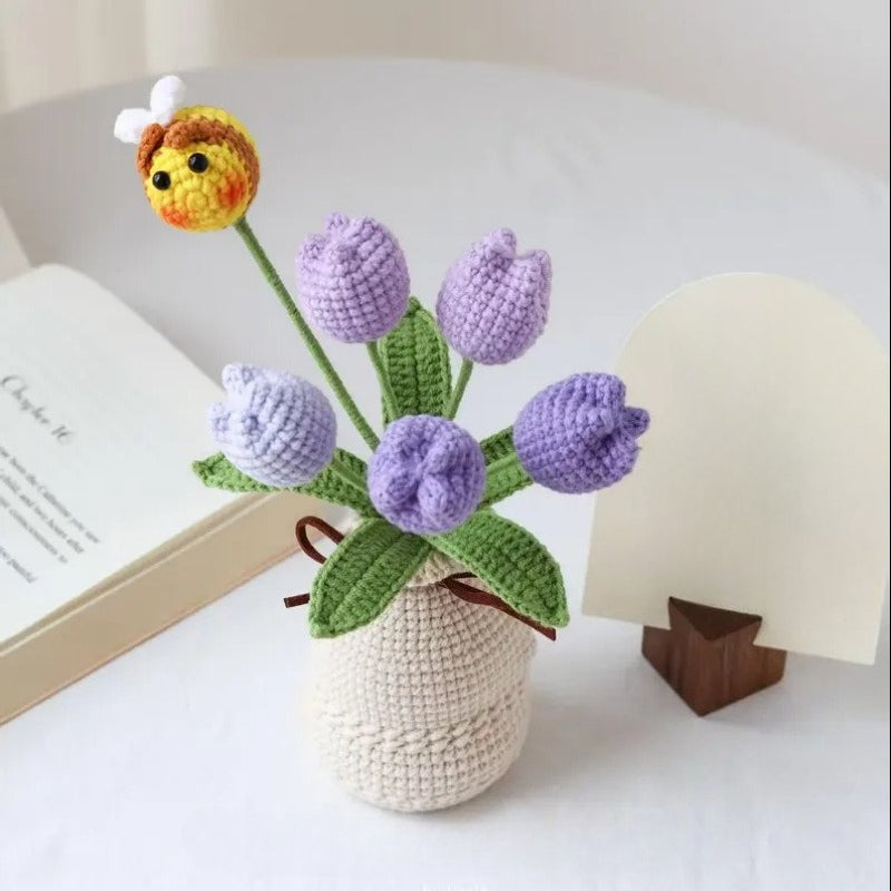 Handmade Crochet Tulip Flower Vase Bee Floral Decor