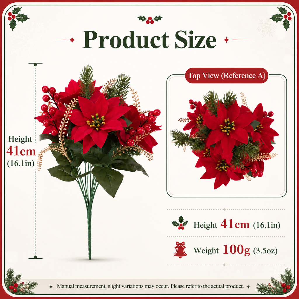Artificial Poinsettia Christmas Flower Arrangement with Pine Berry Accents