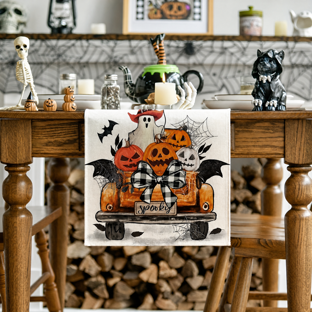Halloween Linen Look Table Runner Festive Pumpkin Decor