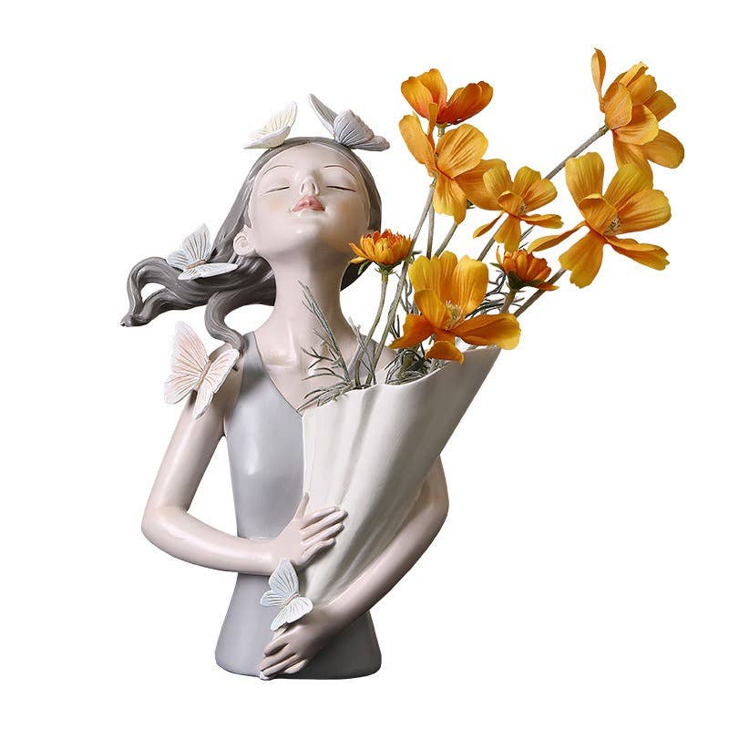 Nordic Girl Resin Flower Vase Modern Butterfly Sculpture