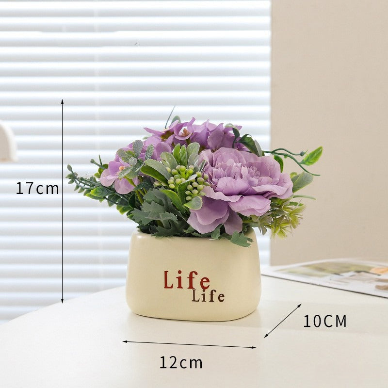Faux Flower Pot Arrangement Ceramic Planter Decor