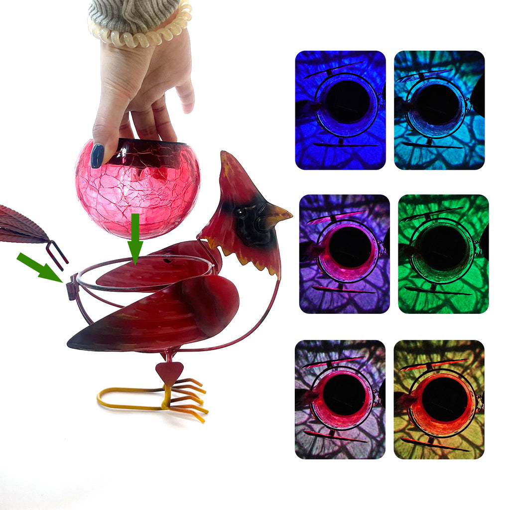 Solar Garden Cardinal Light Metal Crackle Glass Decor