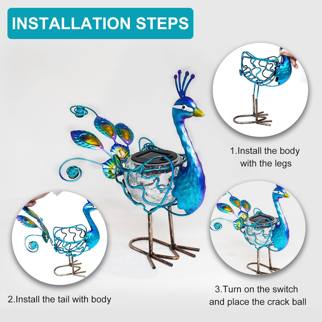 Solar Powered Peacock Garden Statue with Crackle Globe 12 Inch