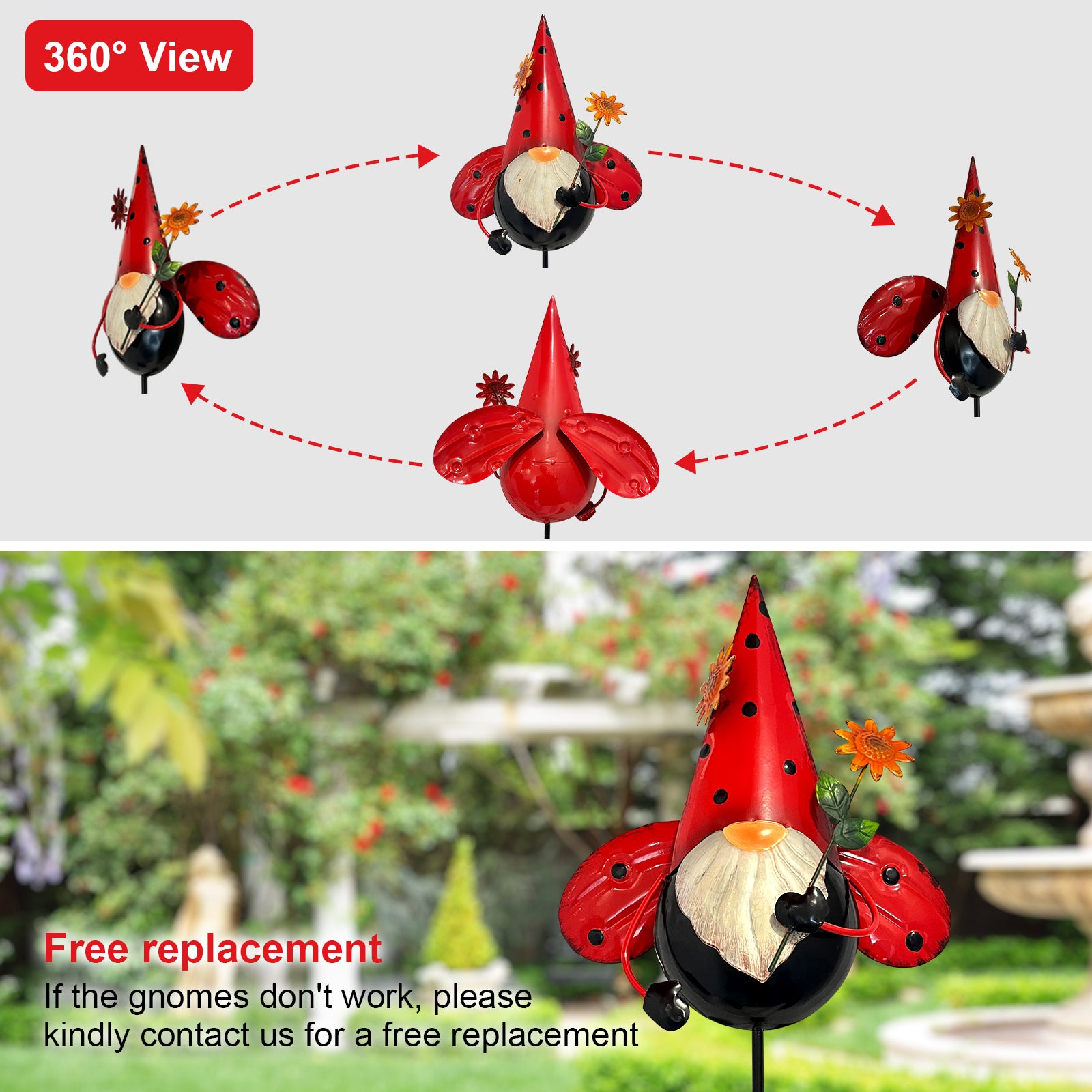 48" Ladybug Gnome Wind Spinner Garden Stake Outdoor Decor