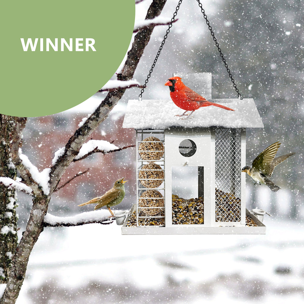 Solar Metal Bird Feeder House Black White Outdoor Decor