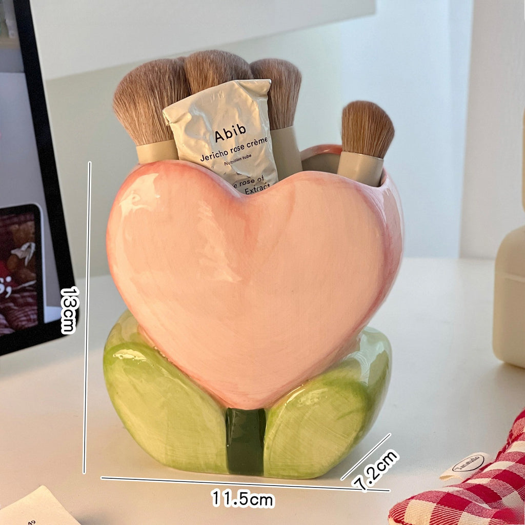 Flower Heart Ceramic Makeup Brush Holder Desk Organizer