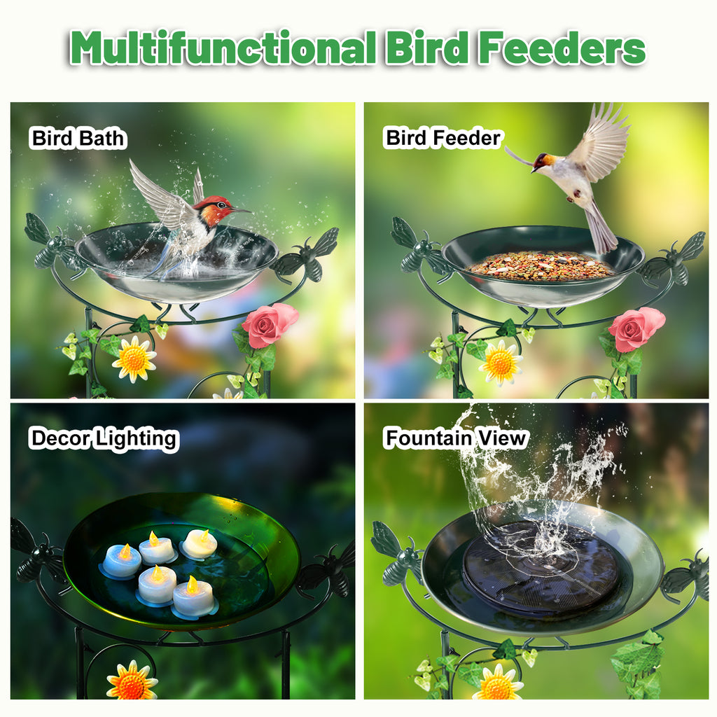 Green Bee Metal Bird Bath with Trellis Garden Decor