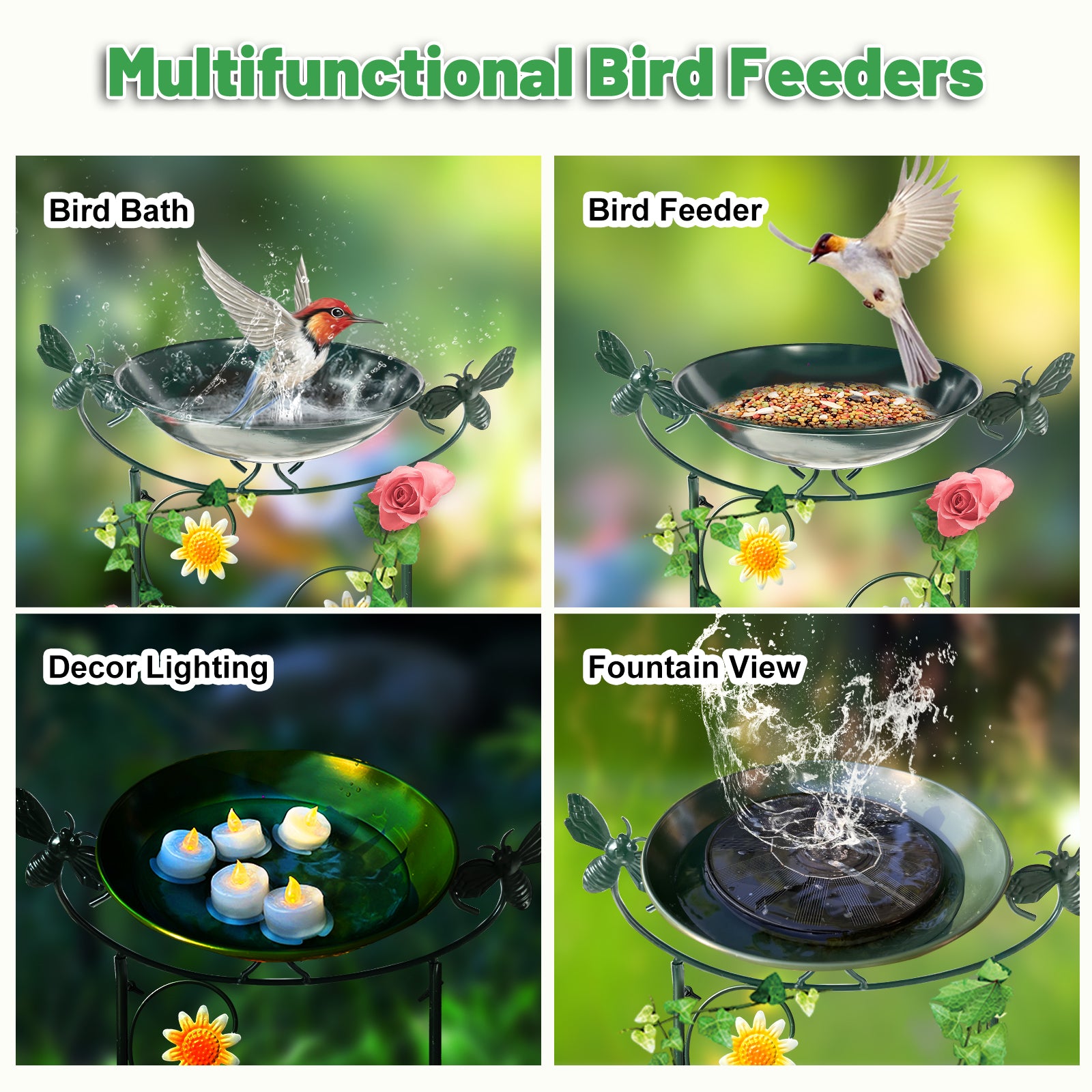 Green Bee Metal Bird Bath with Trellis Garden Decor
