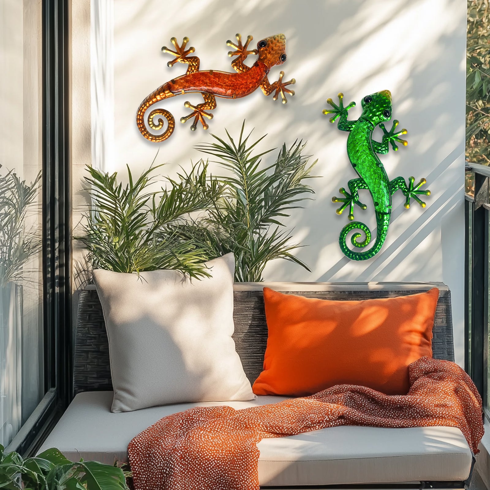 Metal Wall Lizard Decor Set of 2 Green and Orange Outdoor Art