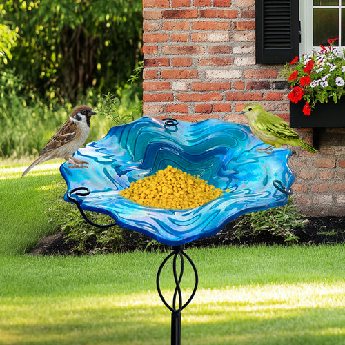 Blue Ripple Glass Bird Bath Feeder with Metal Stake