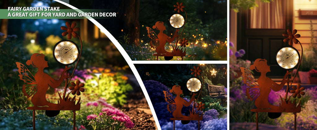 Solar Fairy Thermometer Garden Stake Outdoor Decor