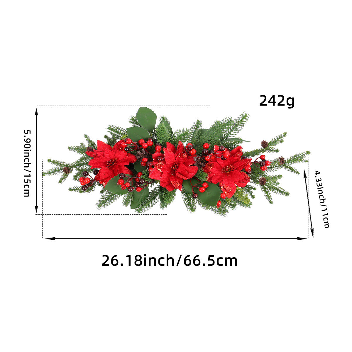 Christmas Wreath with Red Bow and Ornaments Door Decor