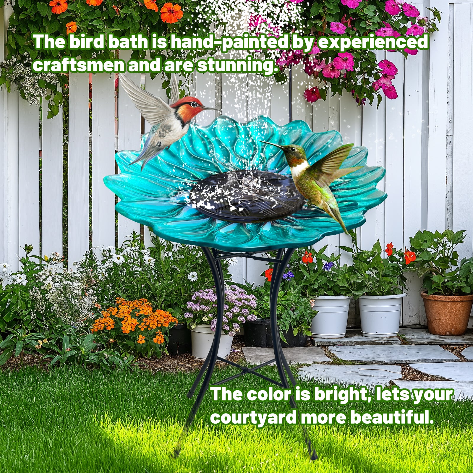 Green Glass Bird Bath with Metal Stand Garden Decor
