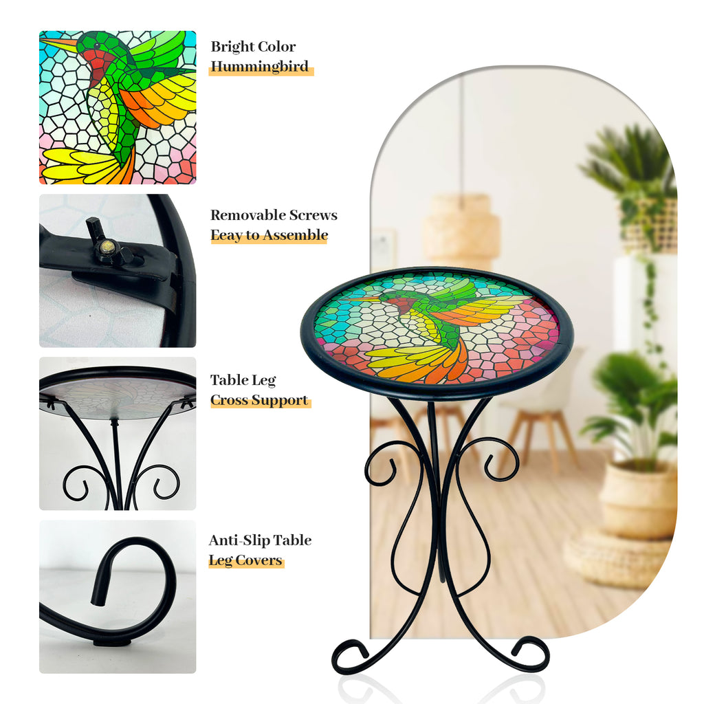 Hummingbird Stained Glass Side Table 12 Inch Outdoor Patio Accent