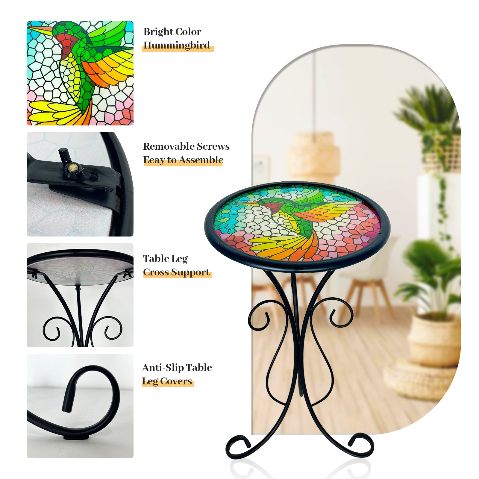 Hummingbird Stained Glass Side Table 12 Inch Outdoor Patio Accent