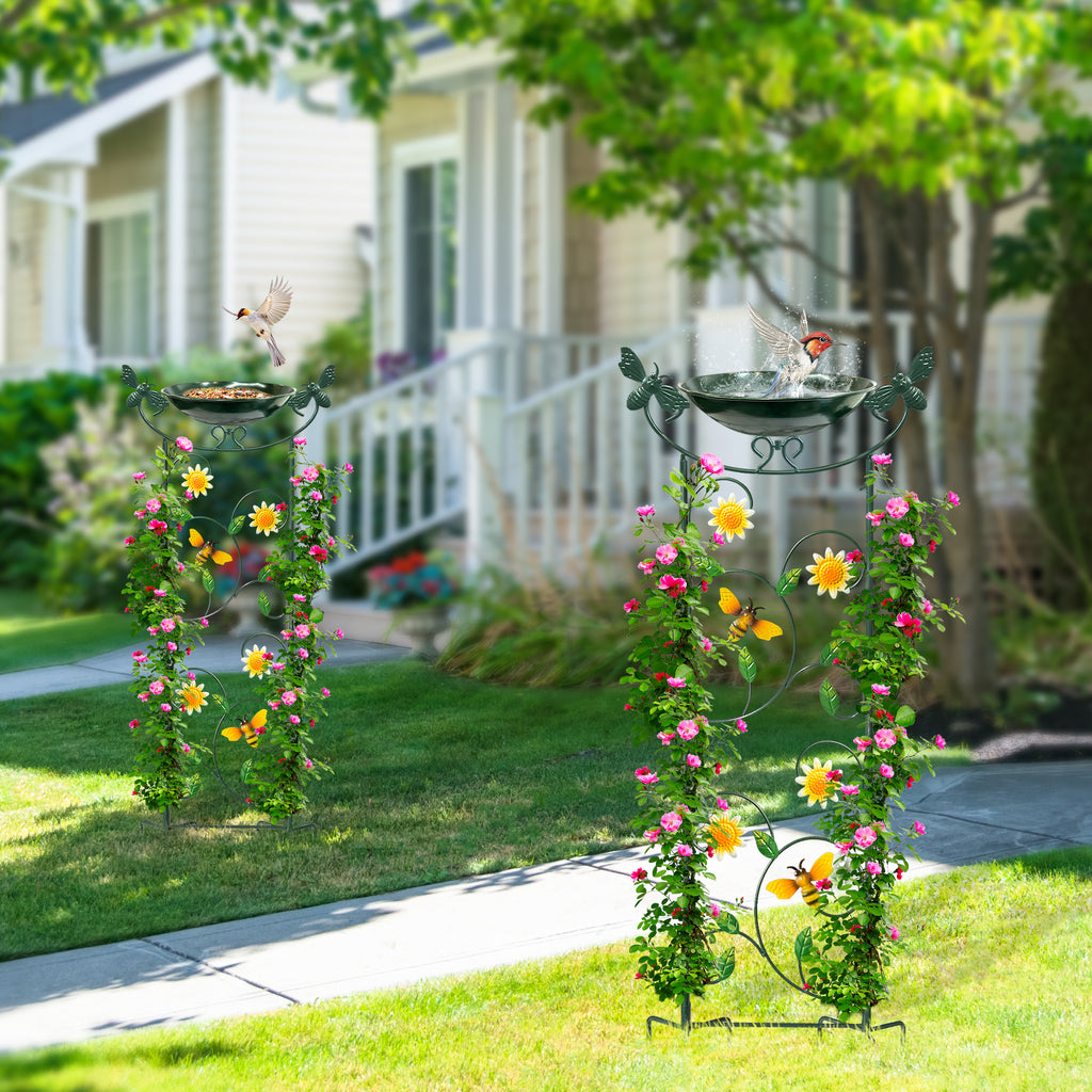 Green Bee Metal Bird Bath with Trellis Garden Decor