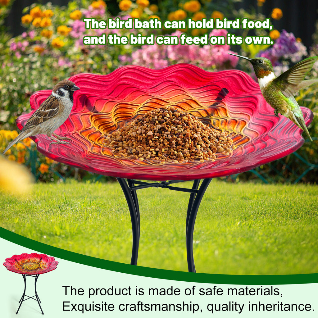 Red Yellow Glass Bird Bath with Metal Stand Garden Decor
