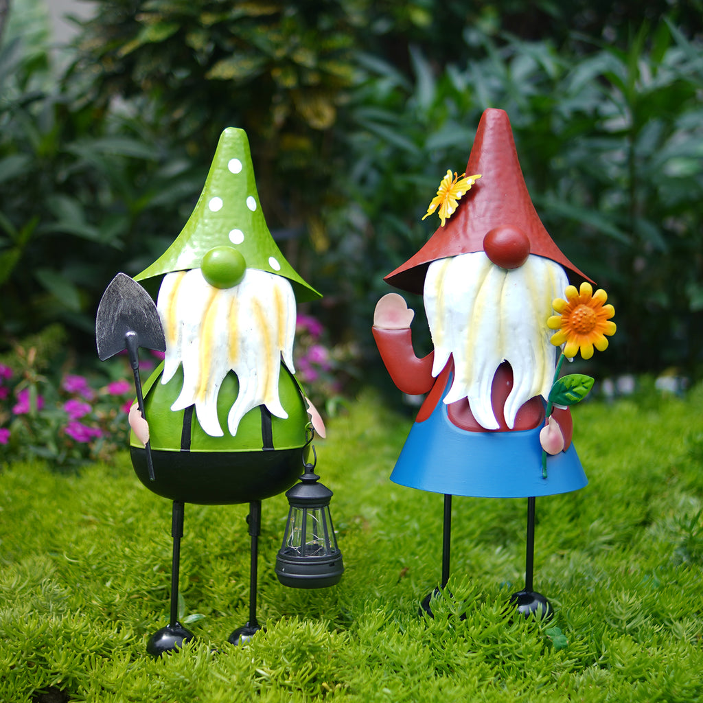 Solar Metal Garden Gnome Statue Set of 2 Outdoor Yard Decor