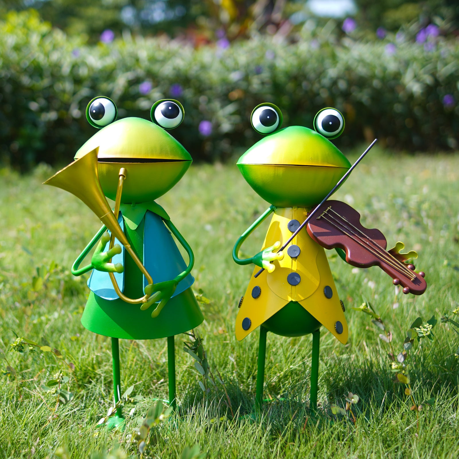 Metal Frog Musician Statue Set of 2 Garden Yard Decor 15 Inch