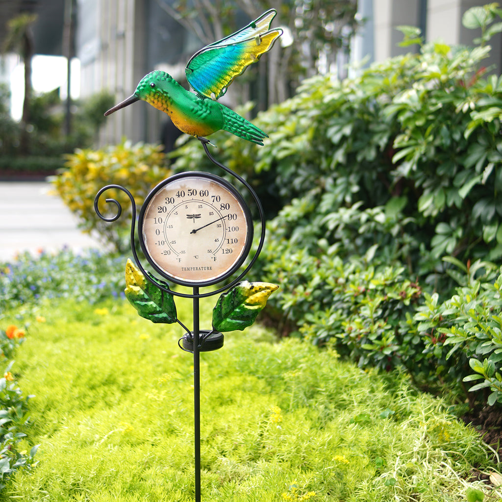 Solar Hummingbird Thermometer Garden Stake Outdoor Decor