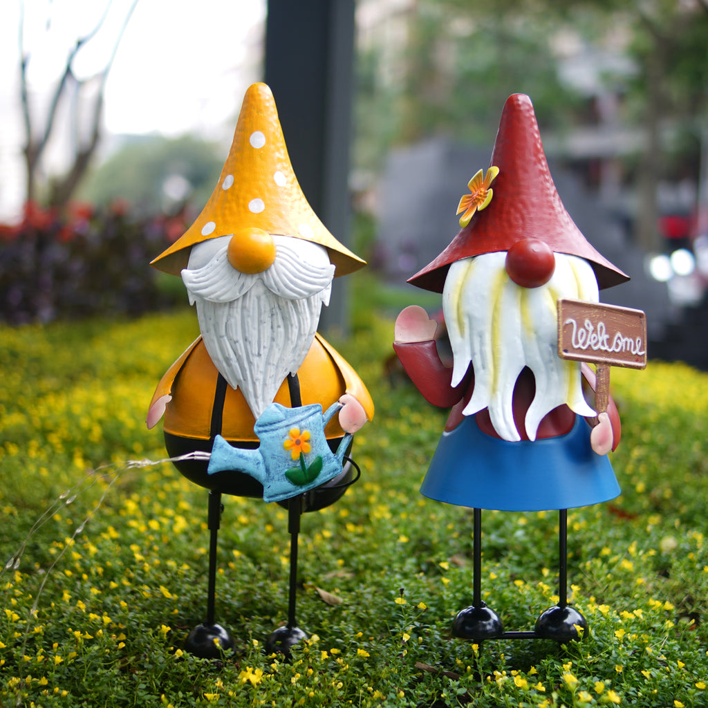 Solar Metal Garden Gnome Statue Set of 2 Outdoor Yard Decor