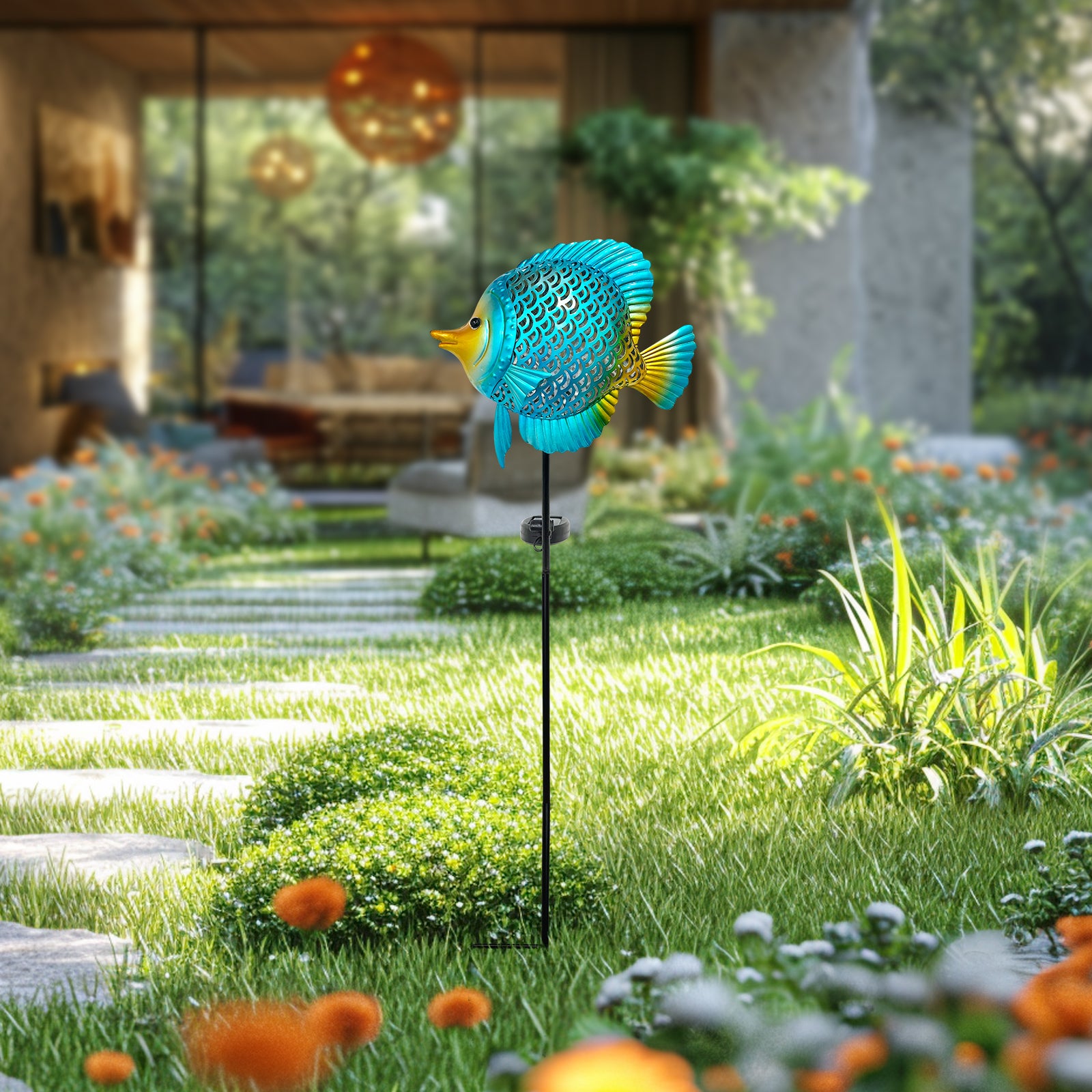 Solar Metal Fish Garden Stake Light 36 Inch Outdoor Decor