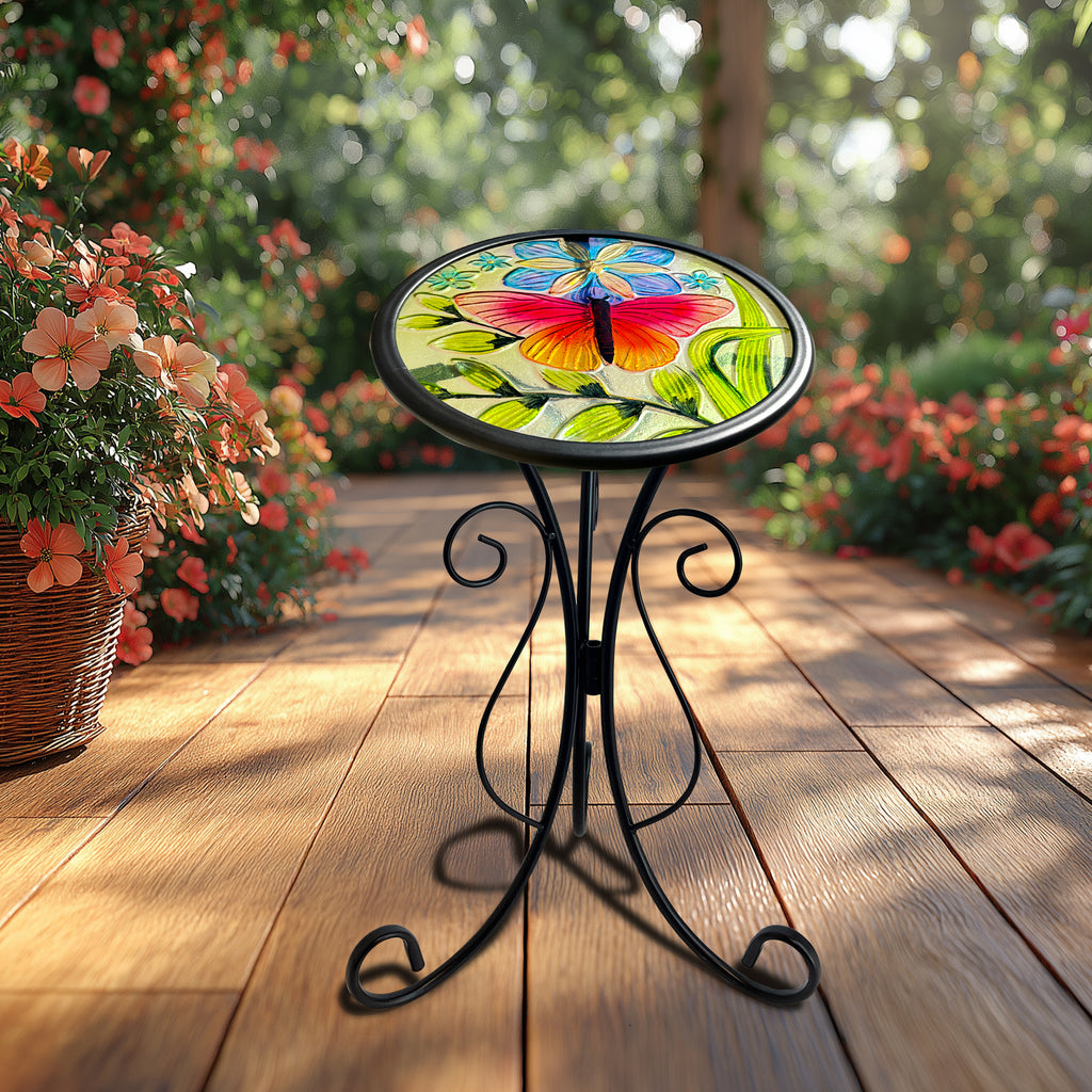 Butterfly Metal Glass Side Table 12in for Garden & Patio