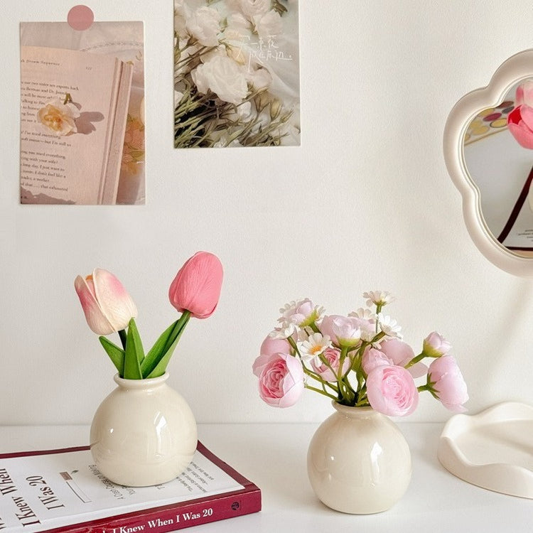 Cream Color Ceramic Vase with Silk Flower Bouquet Home Decor