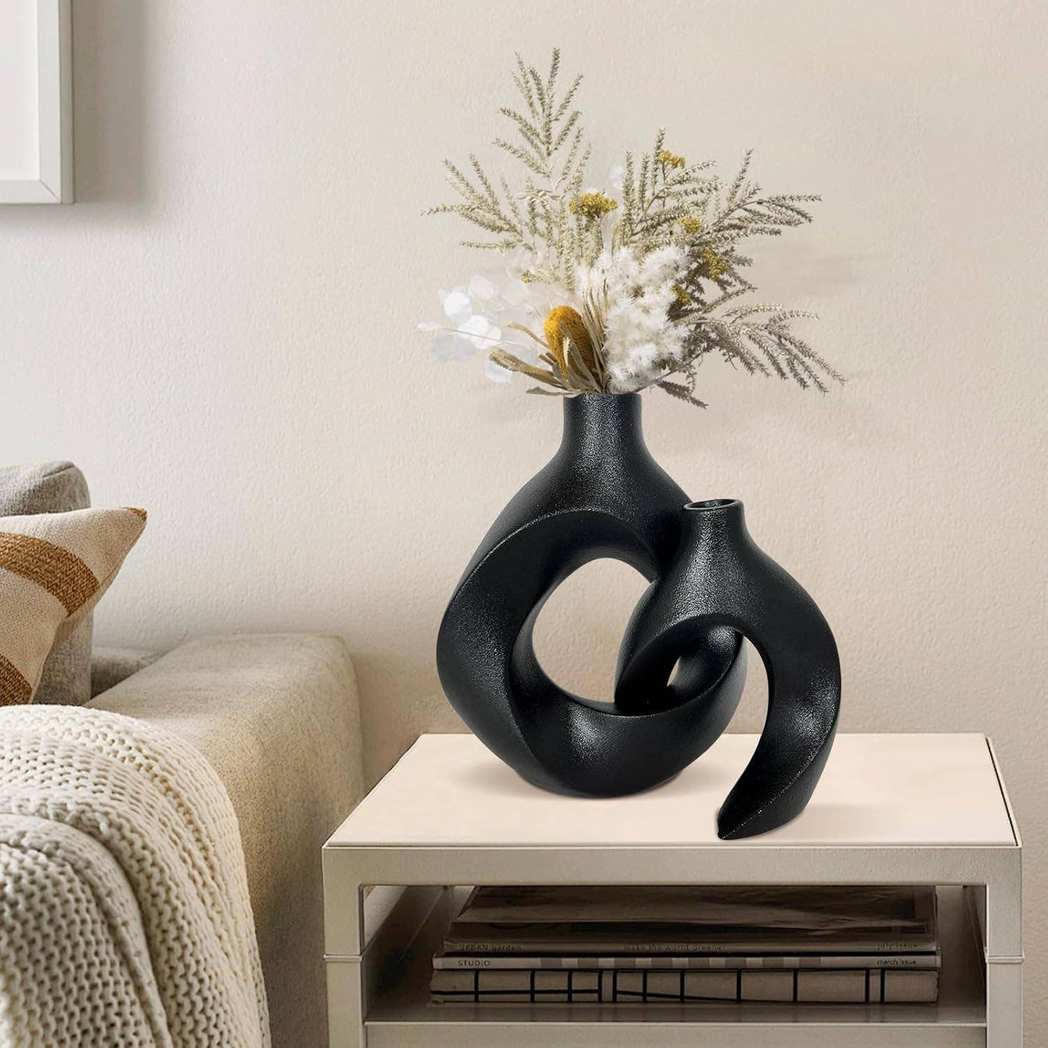 Black Ceramic Decorative Vase Set of 2 Modern Home Accent
