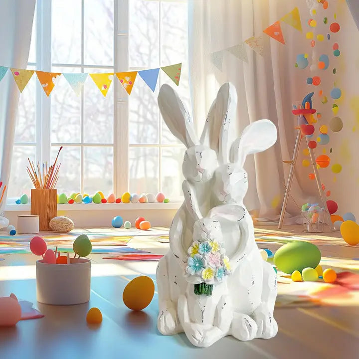 White Resin Easter Bunny Family Figurine for Home Decor