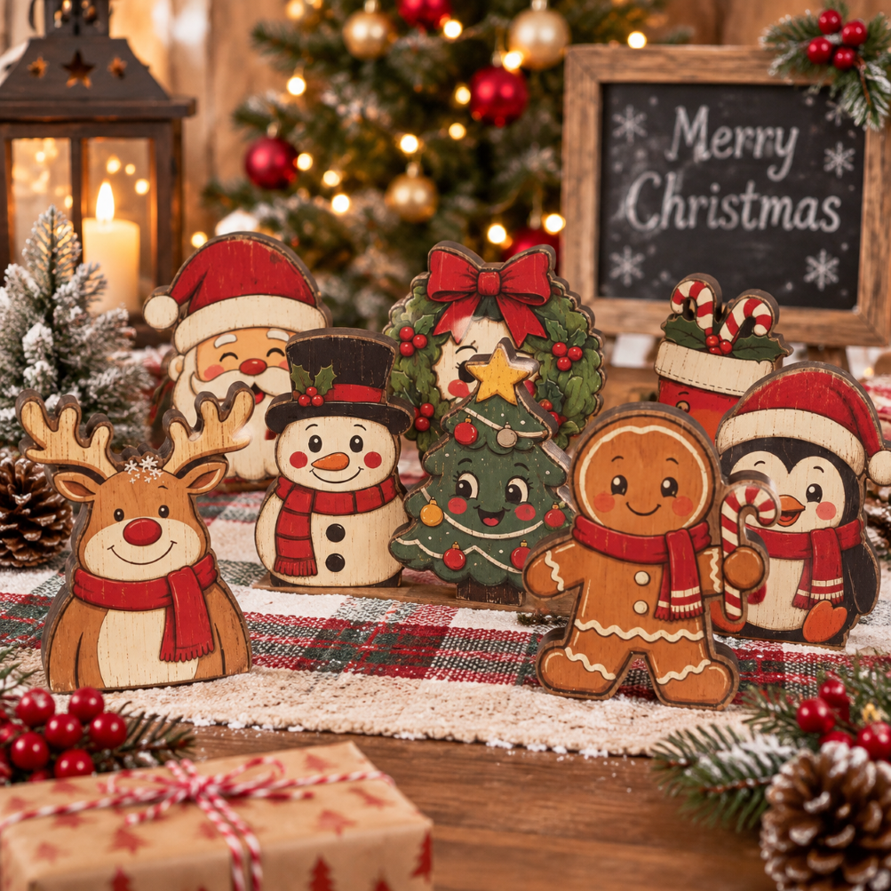 Wooden Christmas Tabletop Decor Double Sided Printed Holiday Figurine