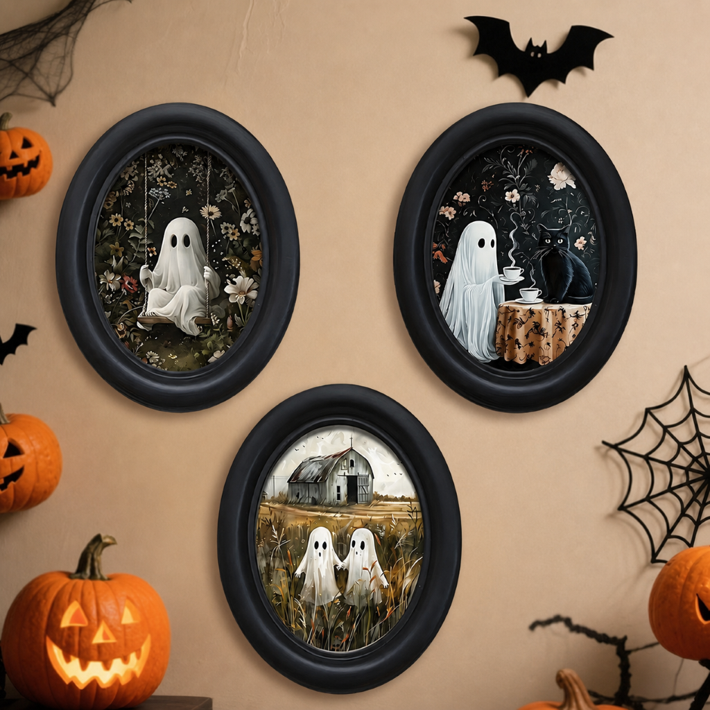 Halloween Wooden Ghost Wall Decor Framed Seasonal Display