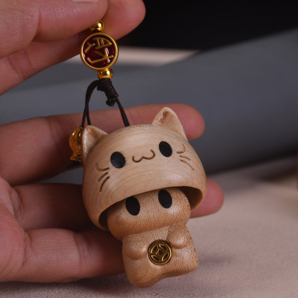 Wooden Cat Phone Charm Keychain Cute Animal Pendant