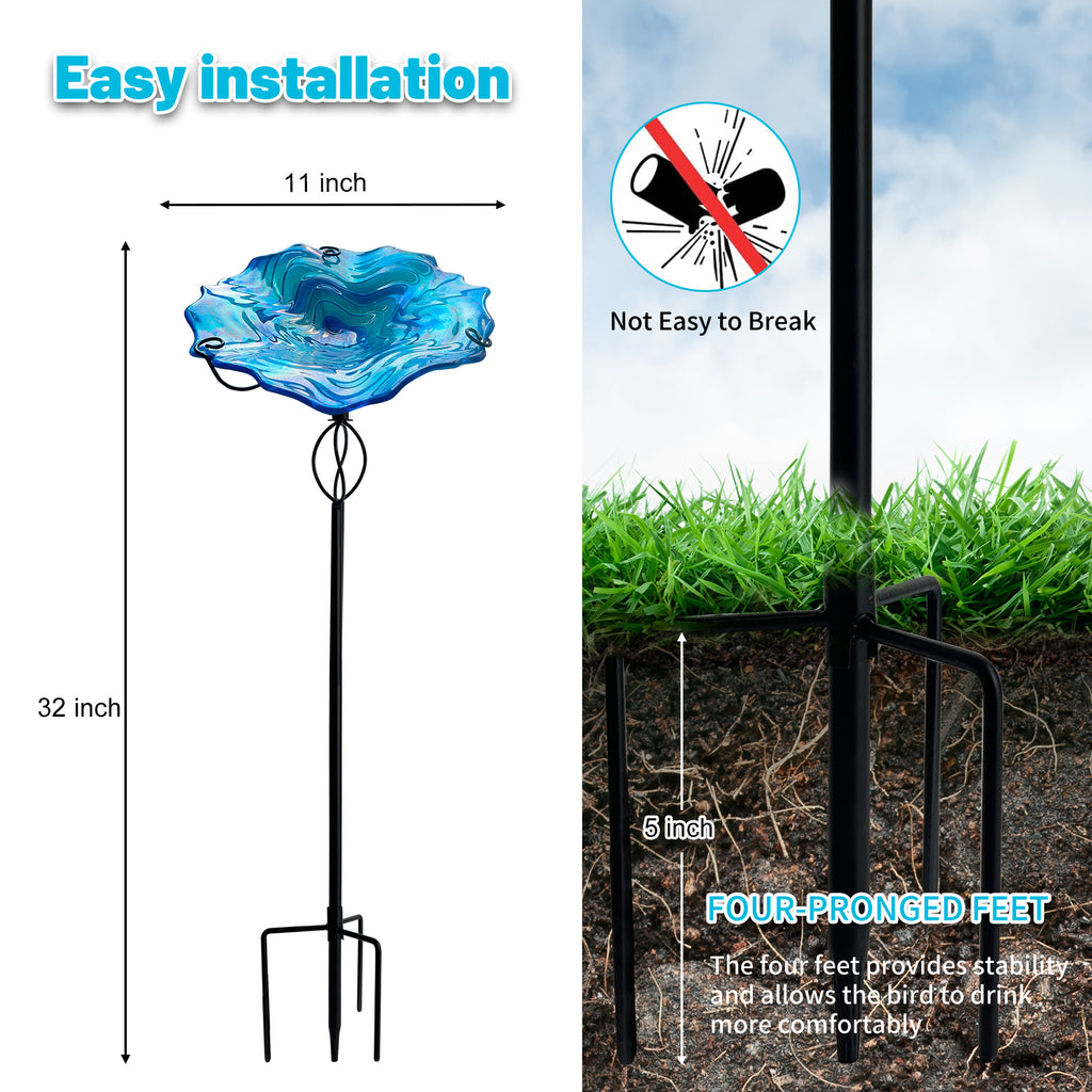 Blue Ripple Glass Bird Bath Feeder with Metal Stake