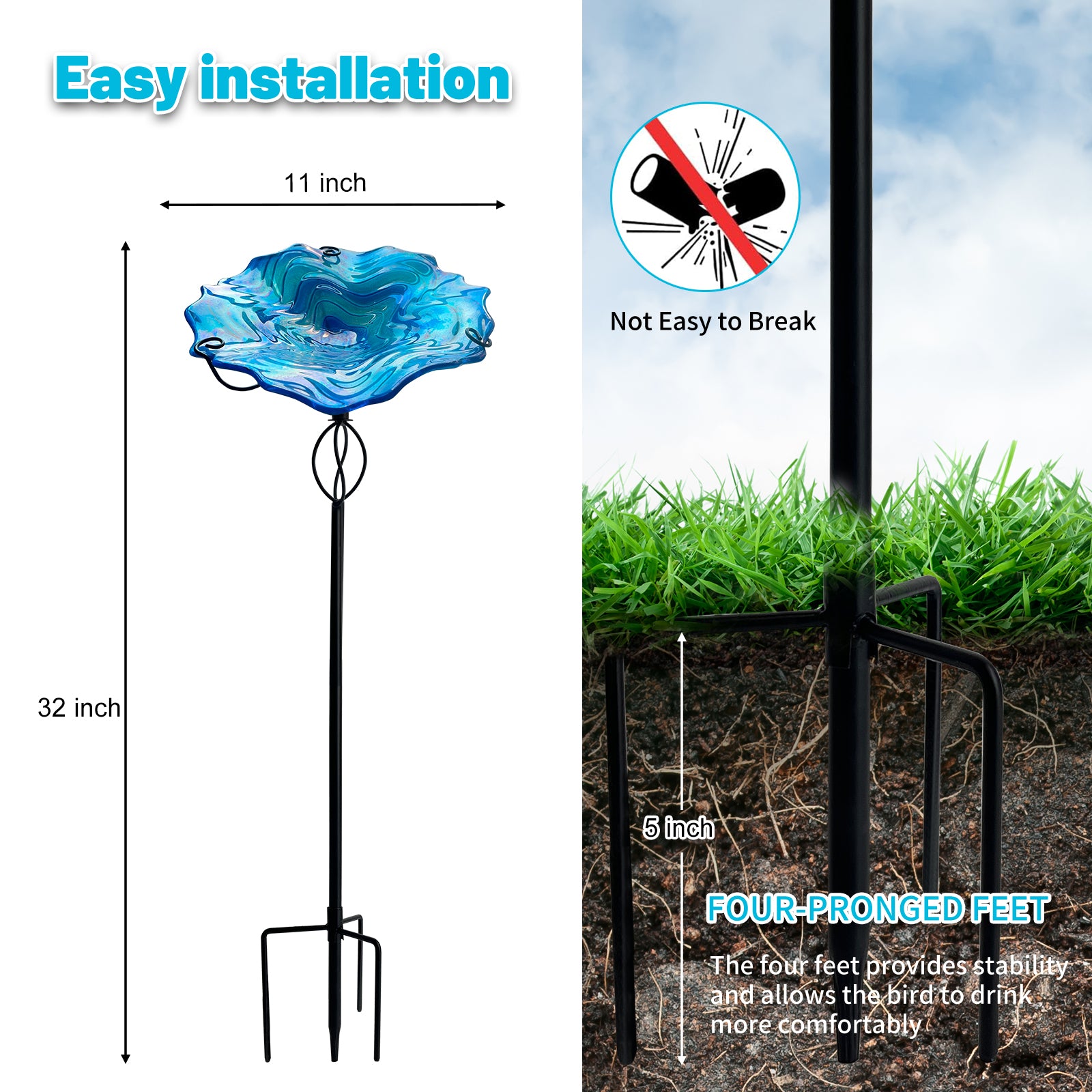 Blue Ripple Glass Bird Bath Feeder with Metal Stake