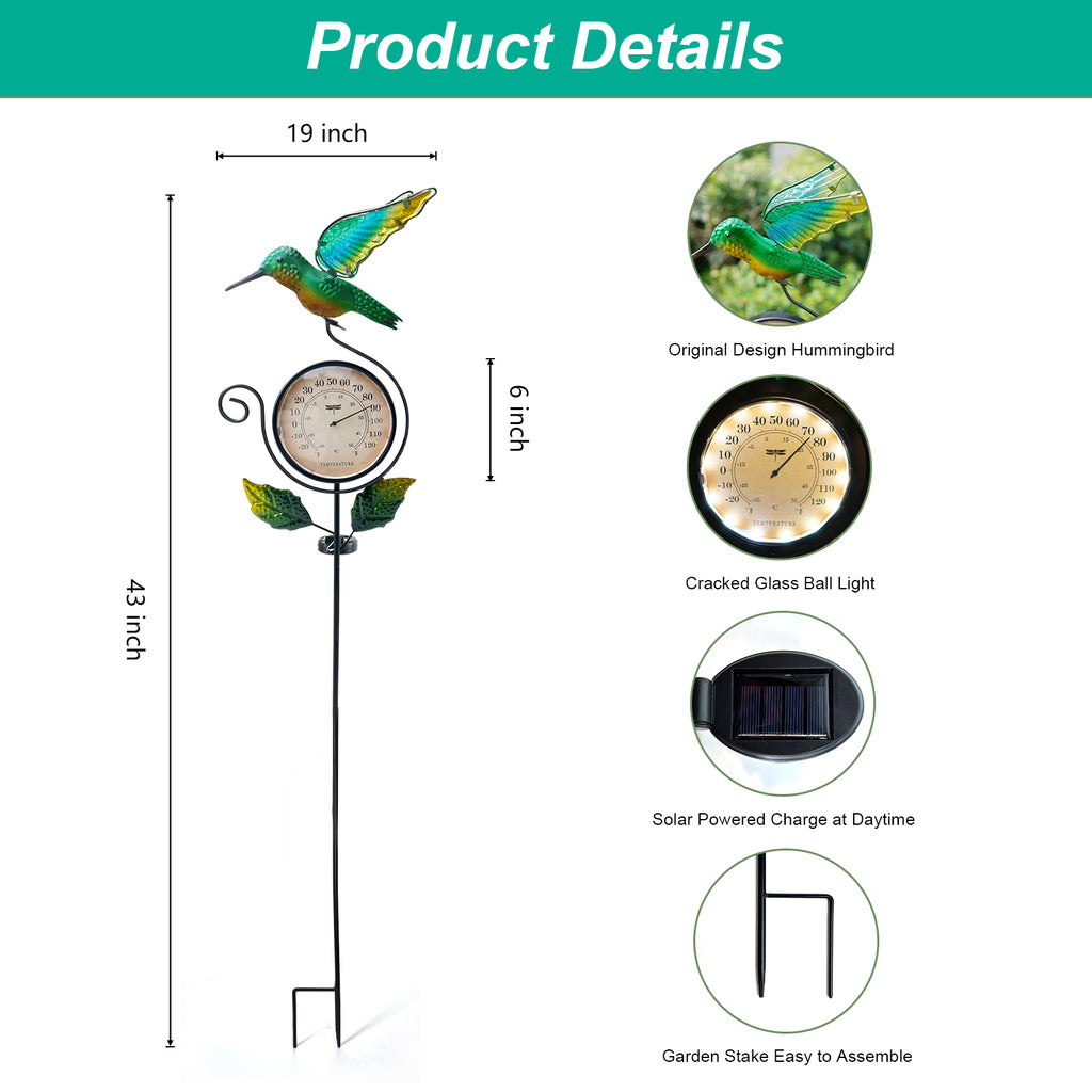 Solar Hummingbird Thermometer Garden Stake Outdoor Decor