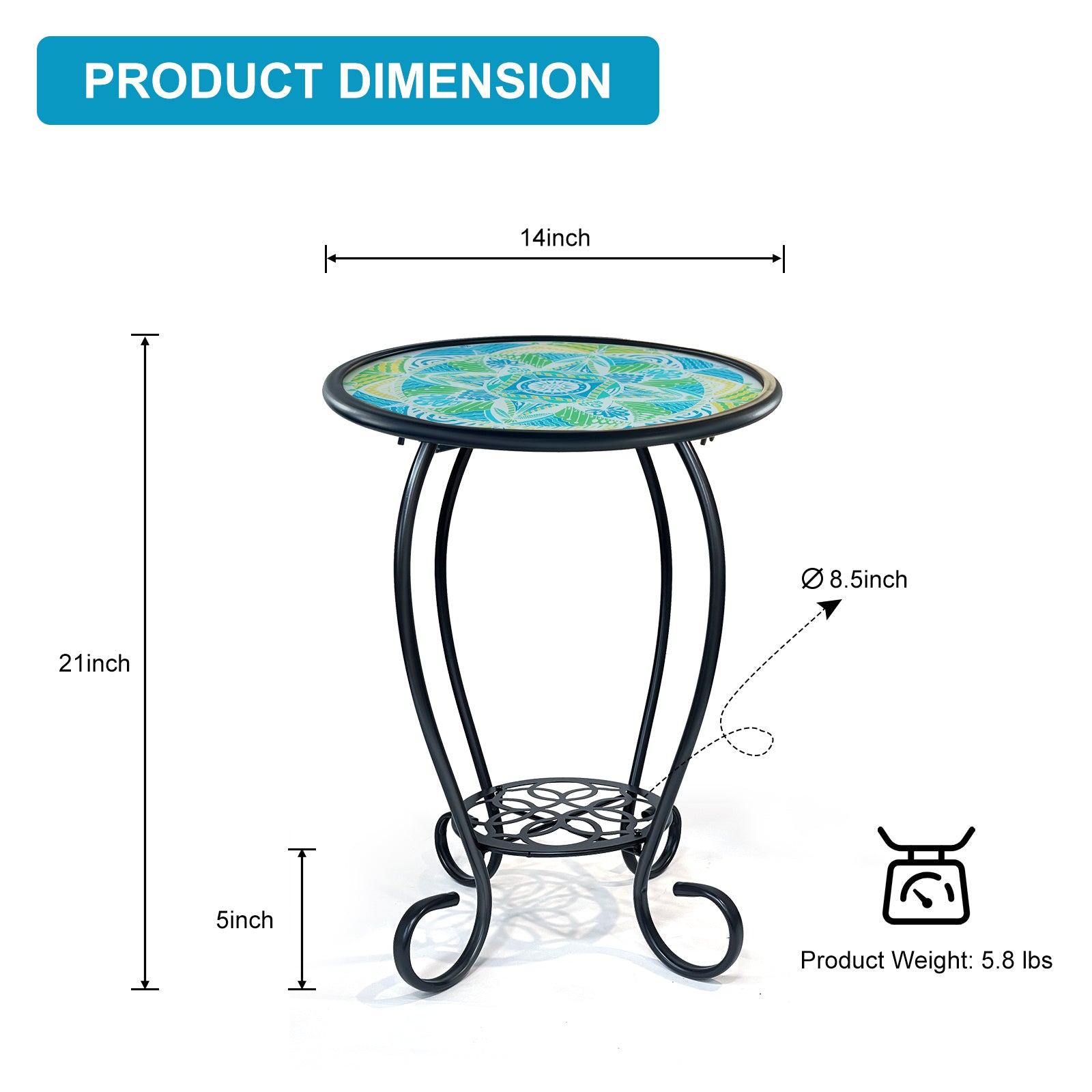 Mandala Mosaic Glass Side Table 14 Inch Metal Frame Outdoor Indoor