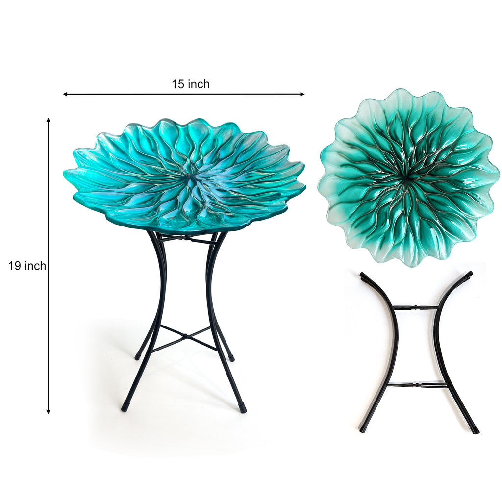 Green Glass Bird Bath with Metal Stand Garden Decor