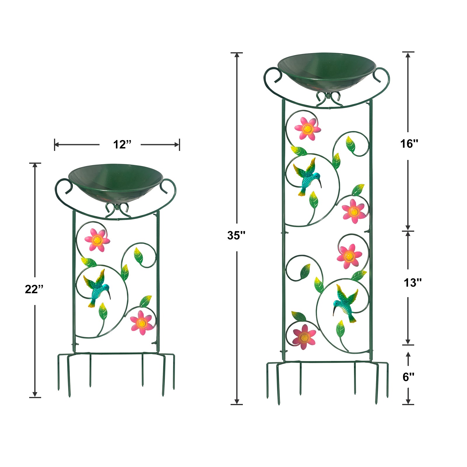 Green Hummingbird Metal Bird Bath Feeder Garden Stake