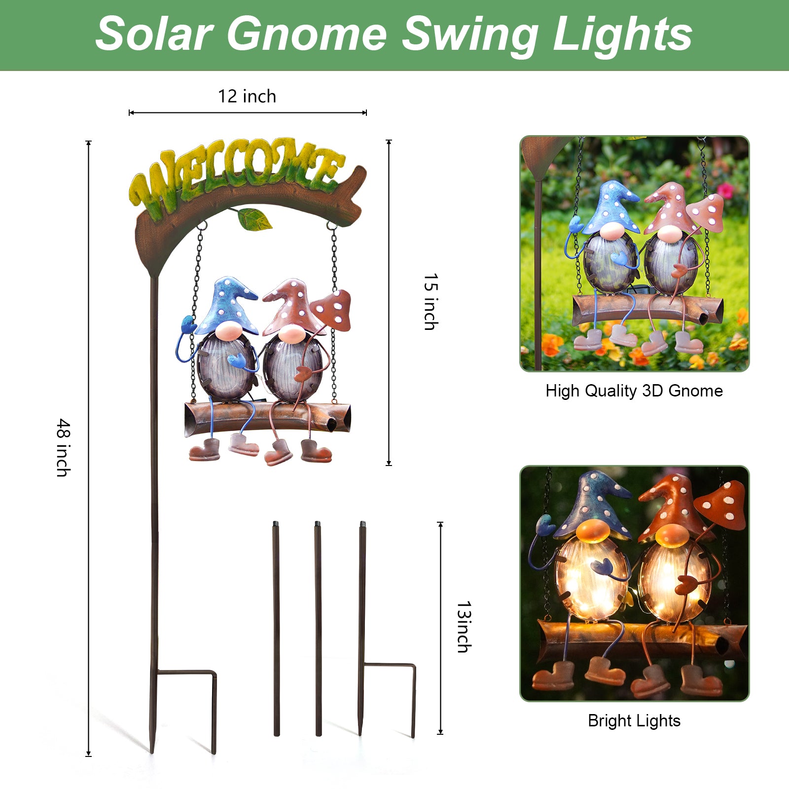 Solar Gnome Swing 48 Inch Garden Decor with LED Light