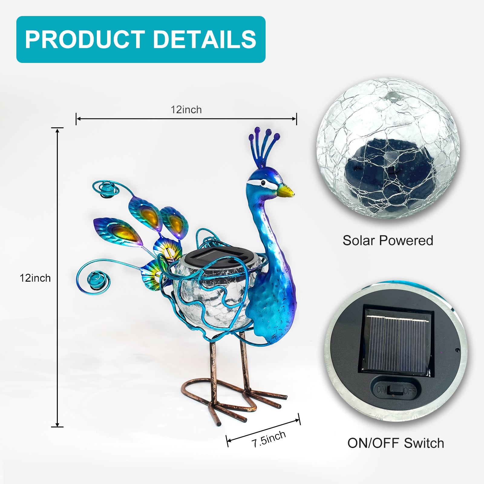 Solar Powered Peacock Garden Statue with Crackle Globe 12 Inch