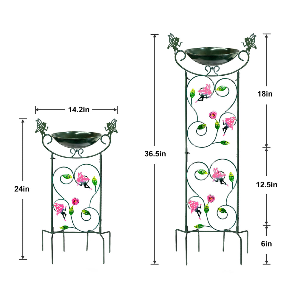Green Fairy Metal Bird Bath Feeder with Flower Stand 36in