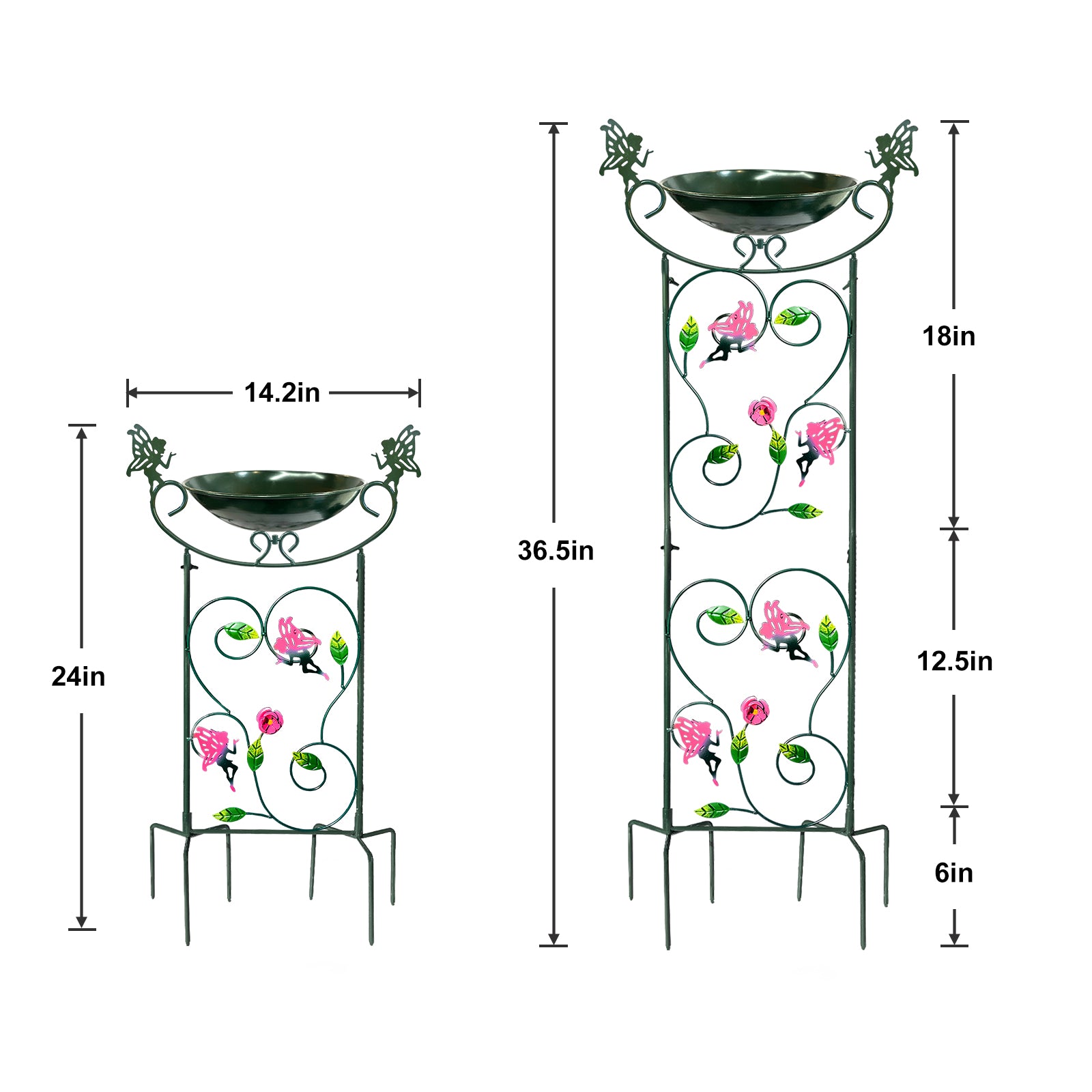 Green Fairy Metal Bird Bath Feeder with Flower Stand 36in