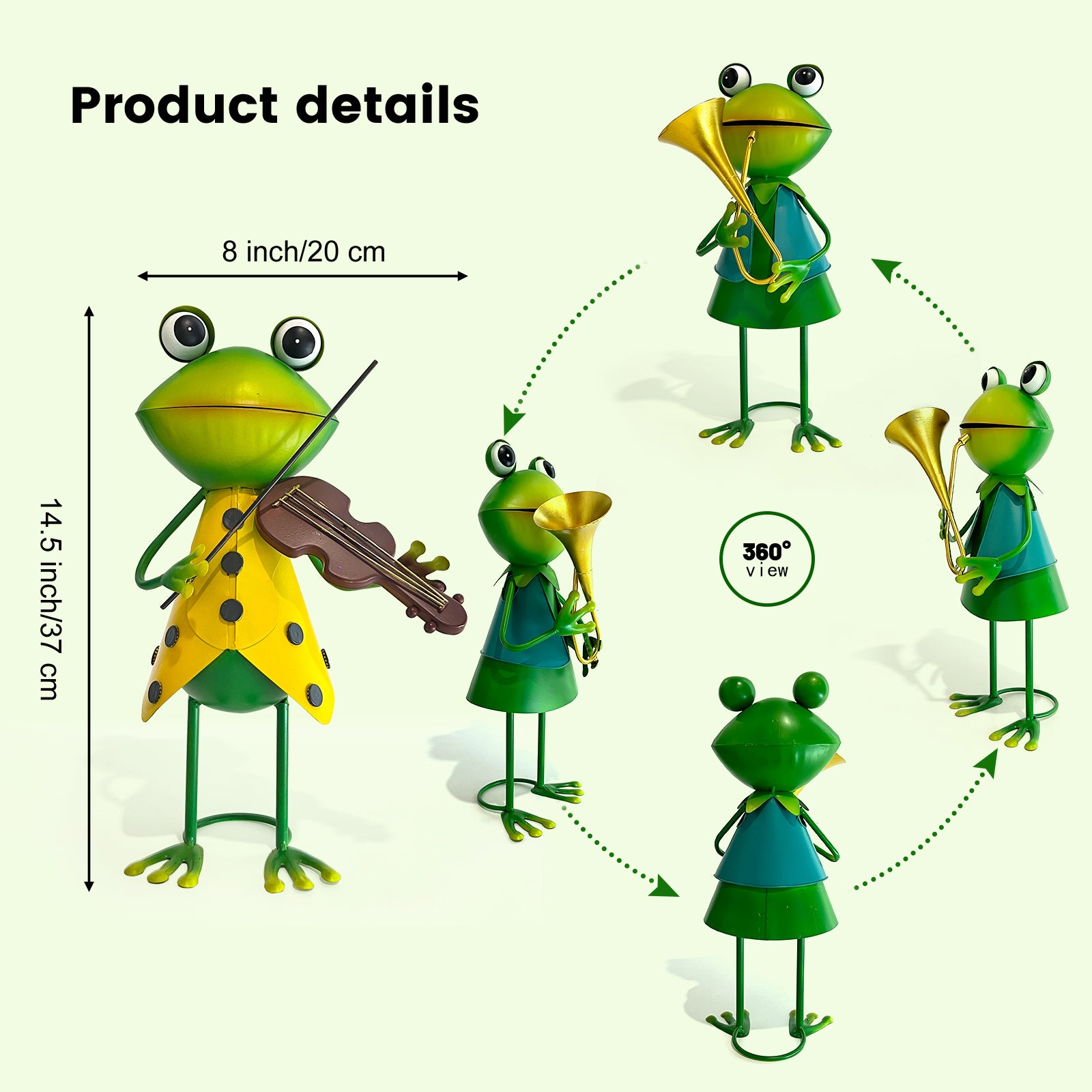 Metal Frog Musician Statue Set of 2 Garden Yard Decor 15 Inch