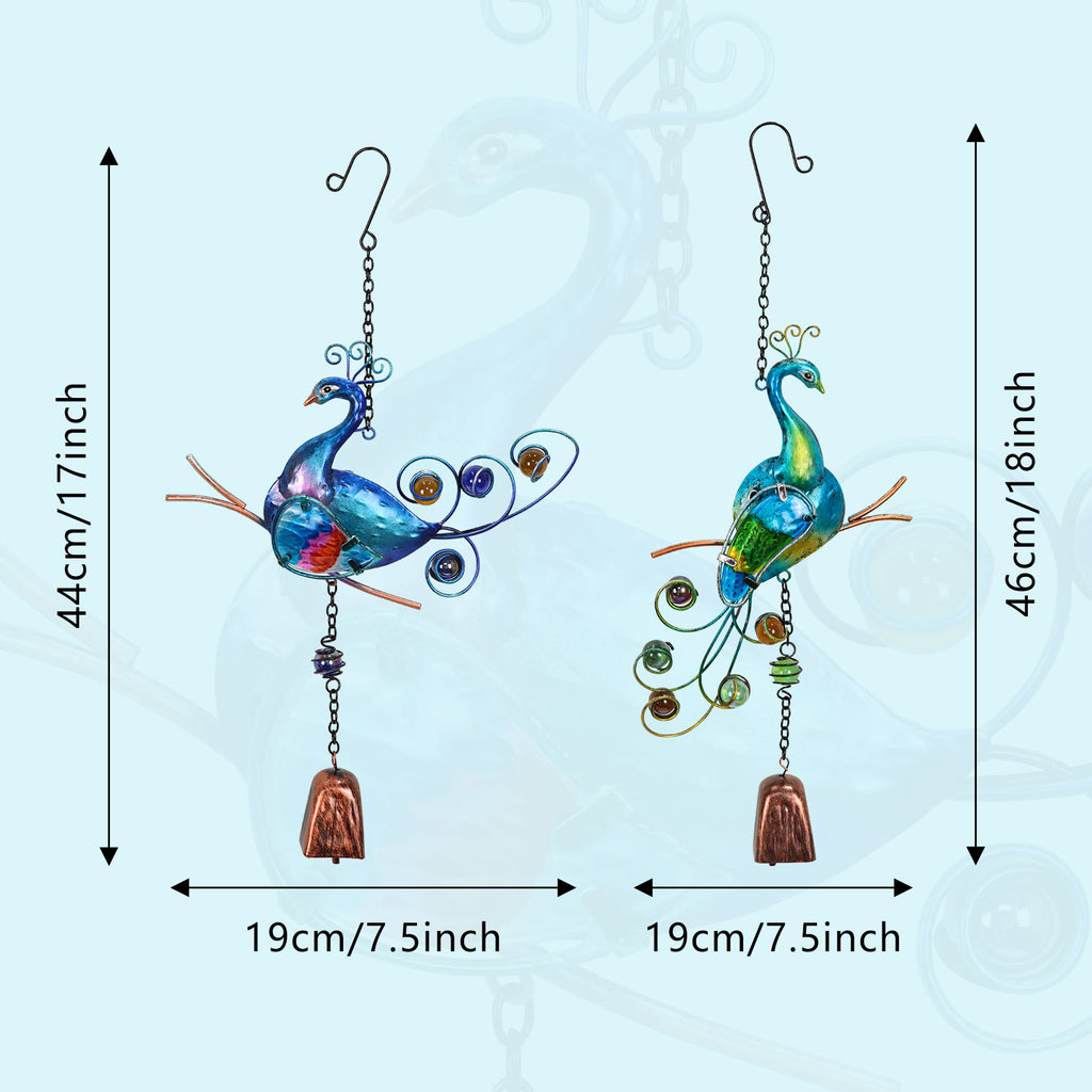 Blue Green Metal Glass Peacock Wind Chime Set of 2
